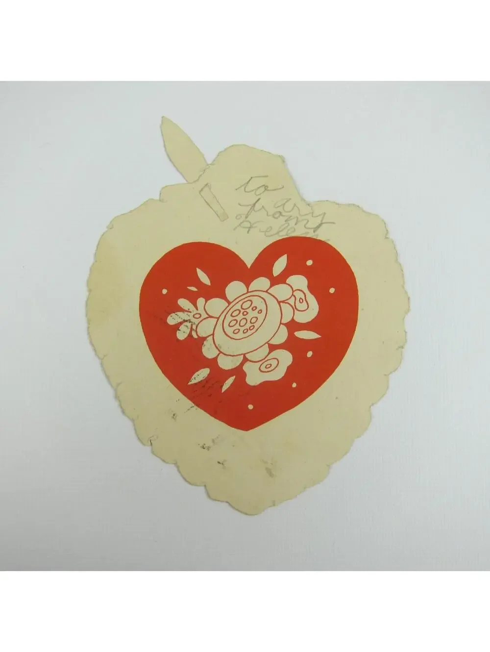Vintage Valentine Die cut Blonde Girl Green Peter Pan Hat Feather Red Heart